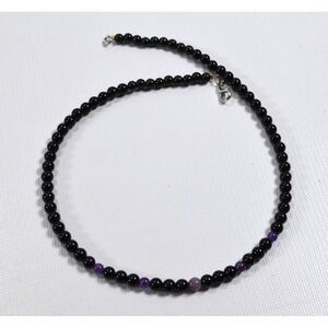 Vintage Handmade Glass Bead Necklace Small Round Black Beads A Few Purple 18"
